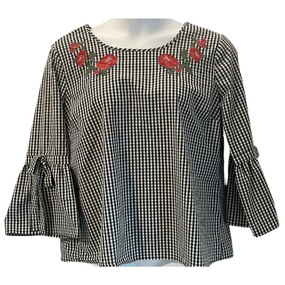 Liz Claiborne Sz XL Pullover Top Bell Sleeves Embroidered Black White Gingham